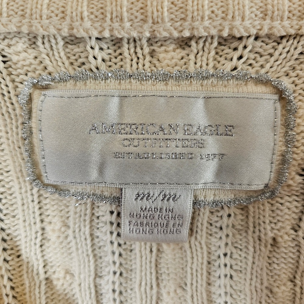 American Eagle Womens Cream Cable Knit V-Neck Sweater Long Sleeve Ivory‎ Medium - Picture 5 of 6